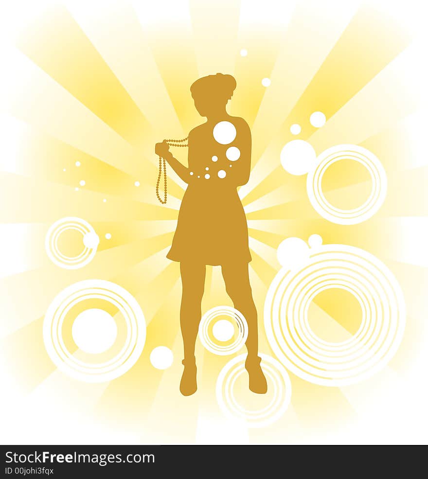 Yellow silhouette of the girl on a background of missing beams and circles. Yellow silhouette of the girl on a background of missing beams and circles.