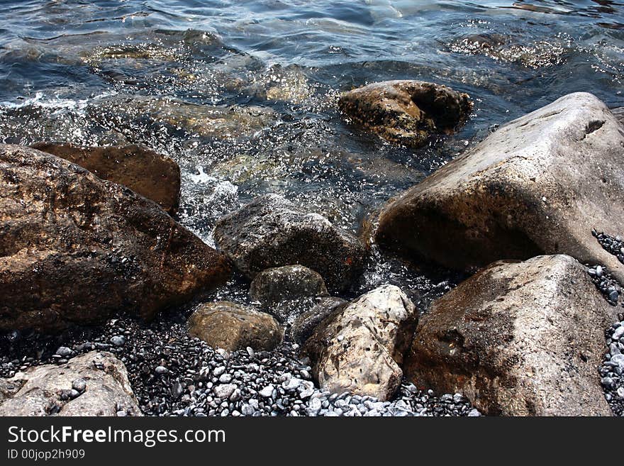 Sea stones is photographed on a beach