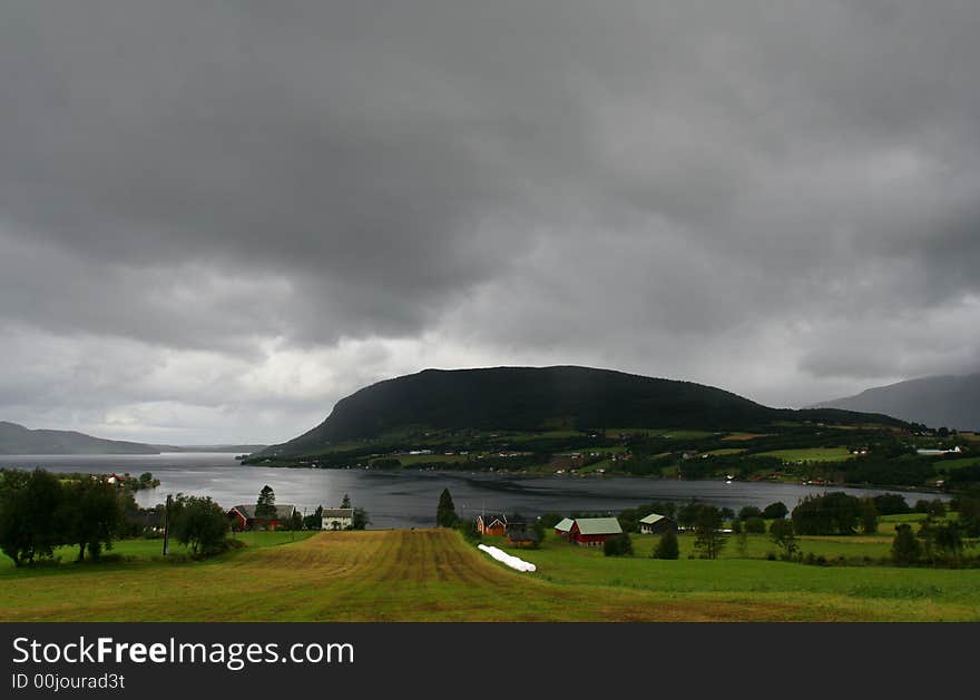 Rural norwegian landscape with mountains