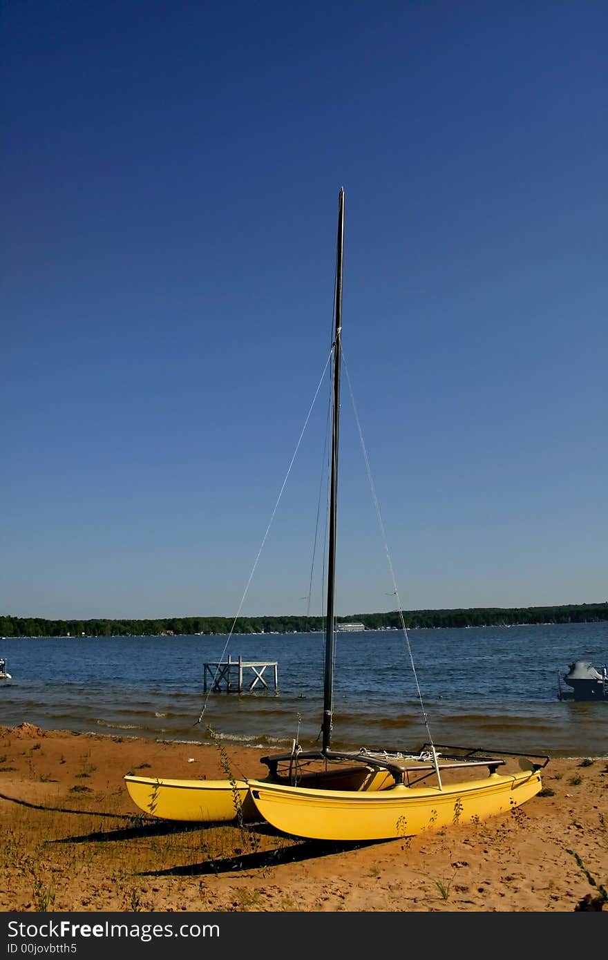 Yellow Boat On Lake Shore