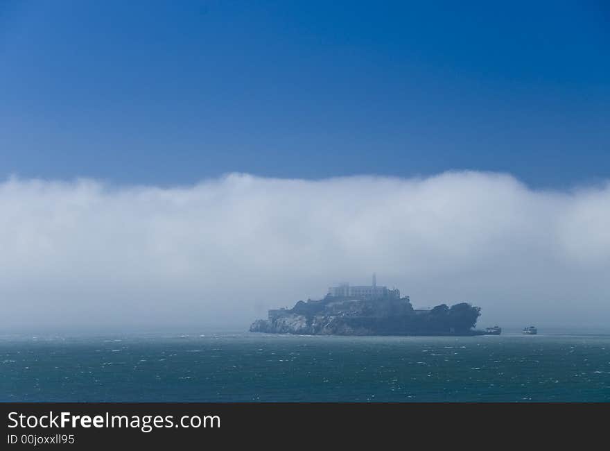 Alcatraz Island and Marina with fog in San Francisco Bay, CA. Alcatraz Island and Marina with fog in San Francisco Bay, CA