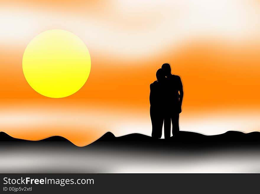 An illustration showing two people looking at a sunrise or sunset with mist and clouds around them. The two people are shown in silhouette and lovingly together showing peace. An illustration showing two people looking at a sunrise or sunset with mist and clouds around them. The two people are shown in silhouette and lovingly together showing peace