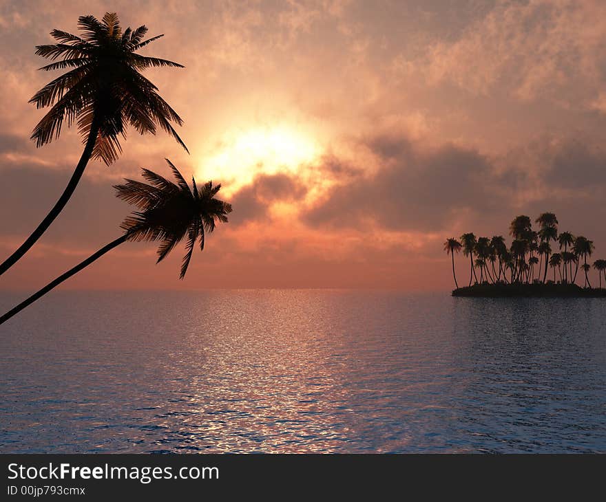 Sunset coconut palm trees on small island - 3d illustration.