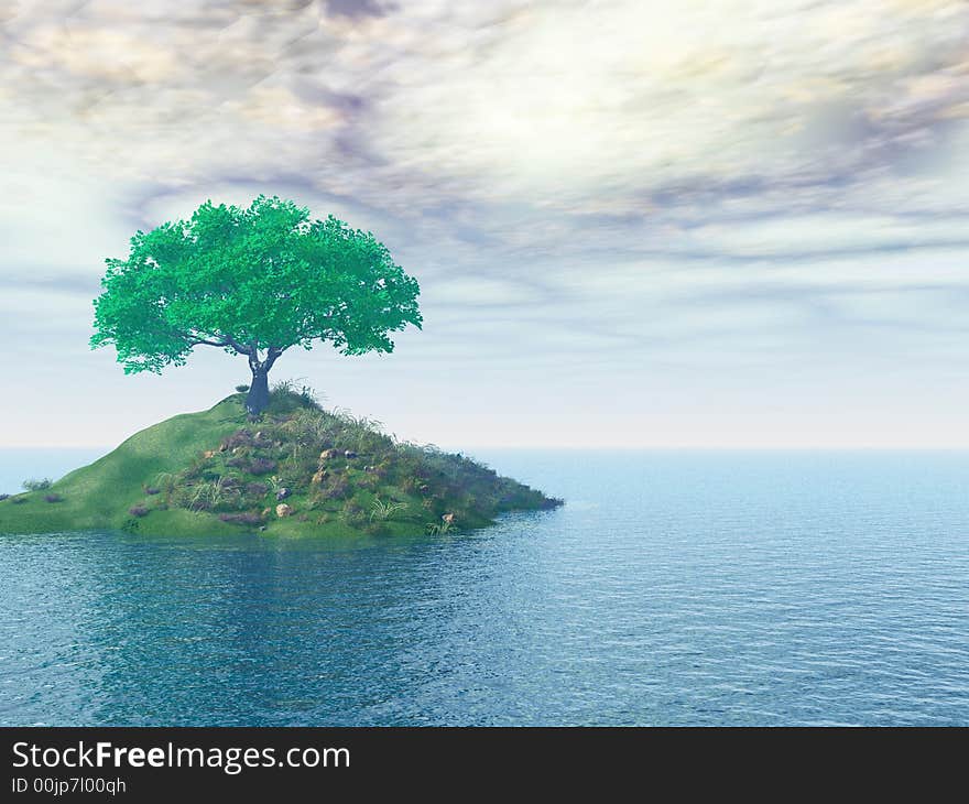 The big tree on small island - 3d illustration