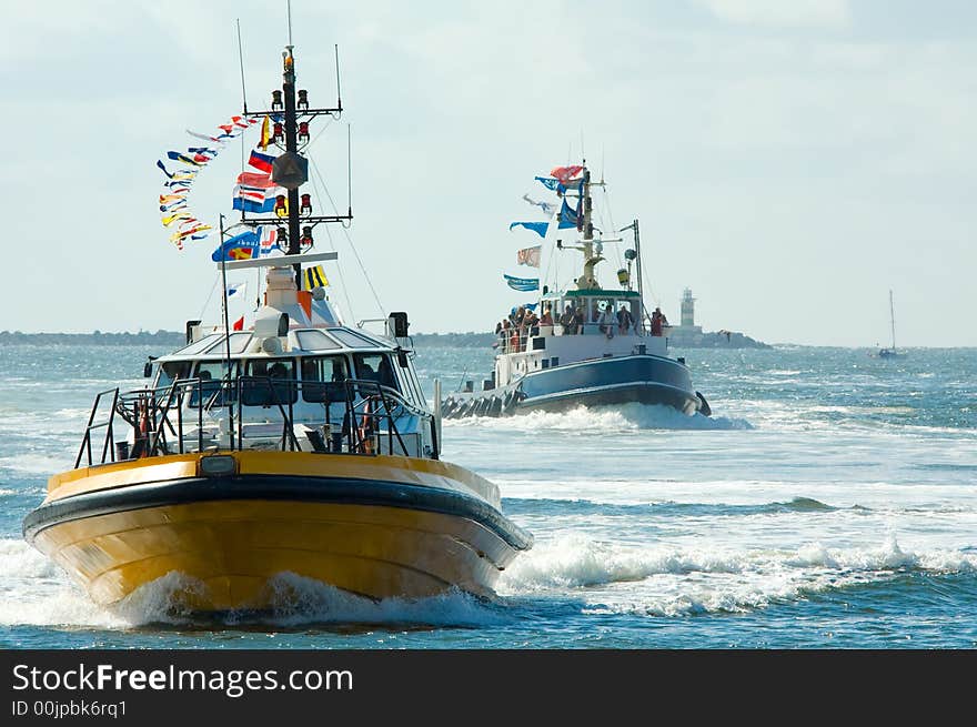 Pilot and tug boat in the harbor. Pilot and tug boat in the harbor