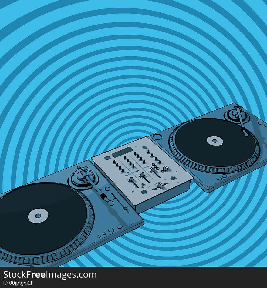 Turntables & audio mixing console with twirl background (vector format). Turntables & audio mixing console with twirl background (vector format)