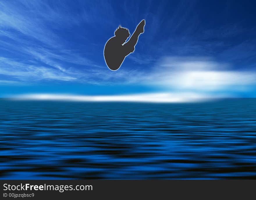 Silhouette of a man to dive, against a blue cloudy sky. Silhouette of a man to dive, against a blue cloudy sky