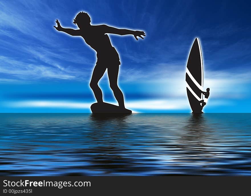 A man sailing windsurfing in the sea. A man sailing windsurfing in the sea