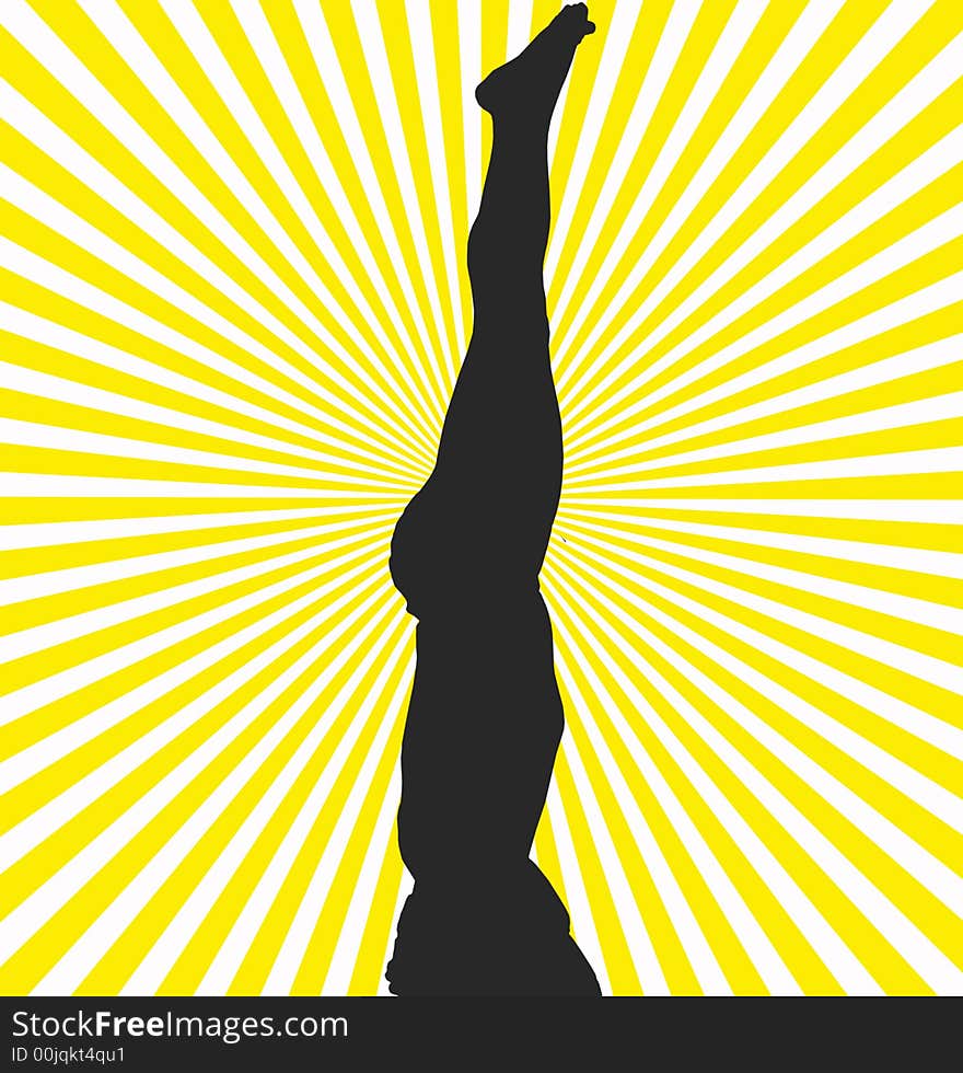 Hatha Yoga posture pole position-head upside down in a starburst background