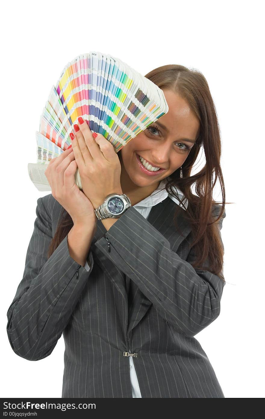 Business woman demonstrates palette of the paints. Business woman demonstrates palette of the paints