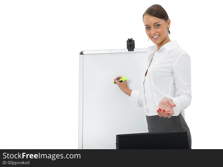 Business woman and laptop on white background