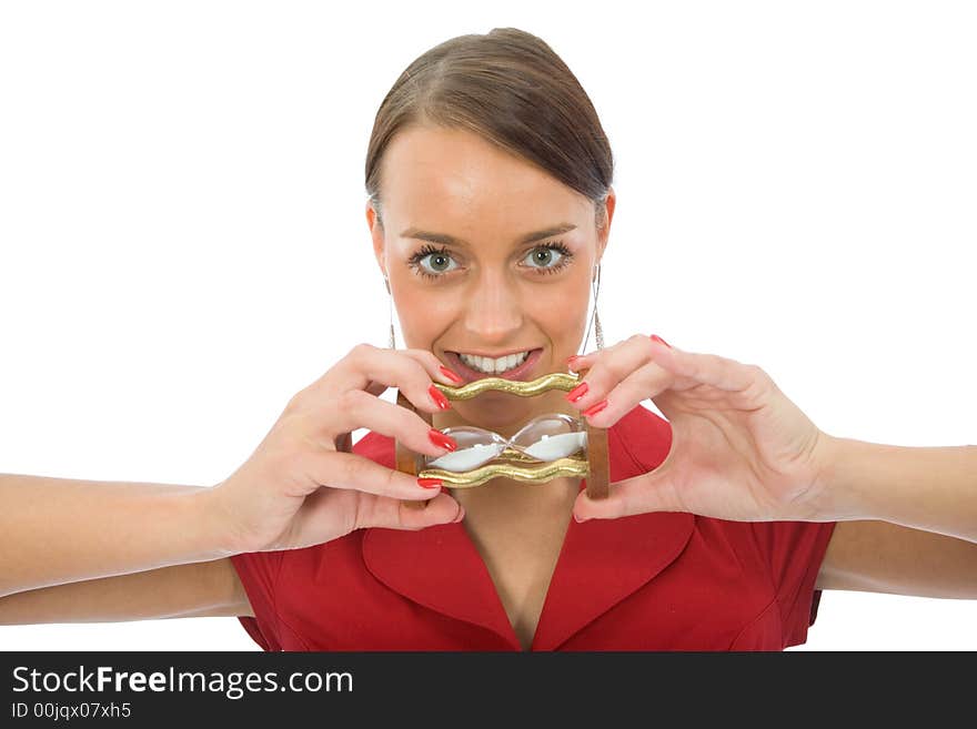 Woman and  hourglass on white background