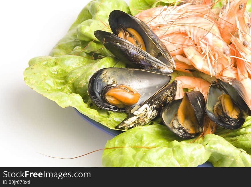 Fresh and delicious seafood meal: mussels, shrimps, seashells ( whelks)