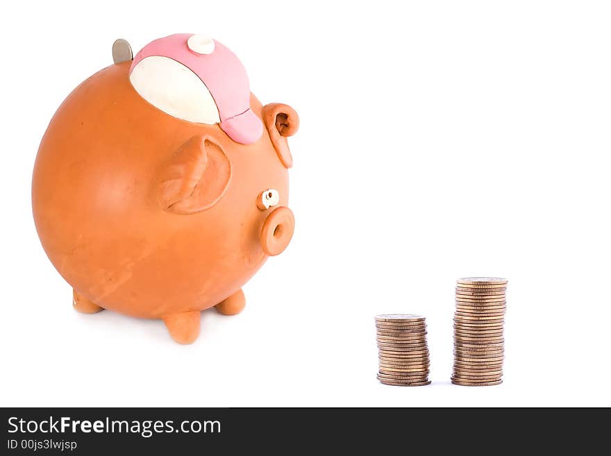 Piggy bank with quarter dollaar and coins. Piggy bank with quarter dollaar and coins