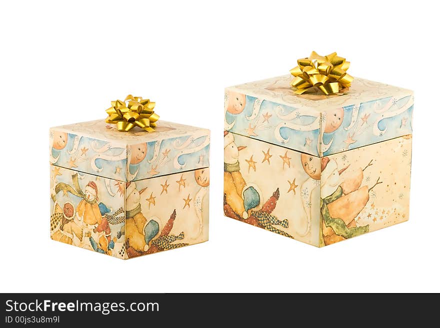 Two presents with gold bows on white