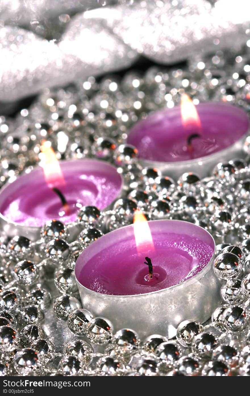 Pink candles with silver decoration balls