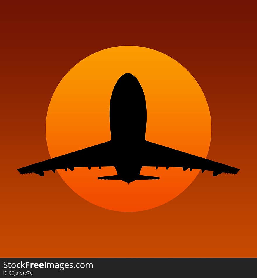 Black airplanes silhouette with orange sun. Black airplanes silhouette with orange sun