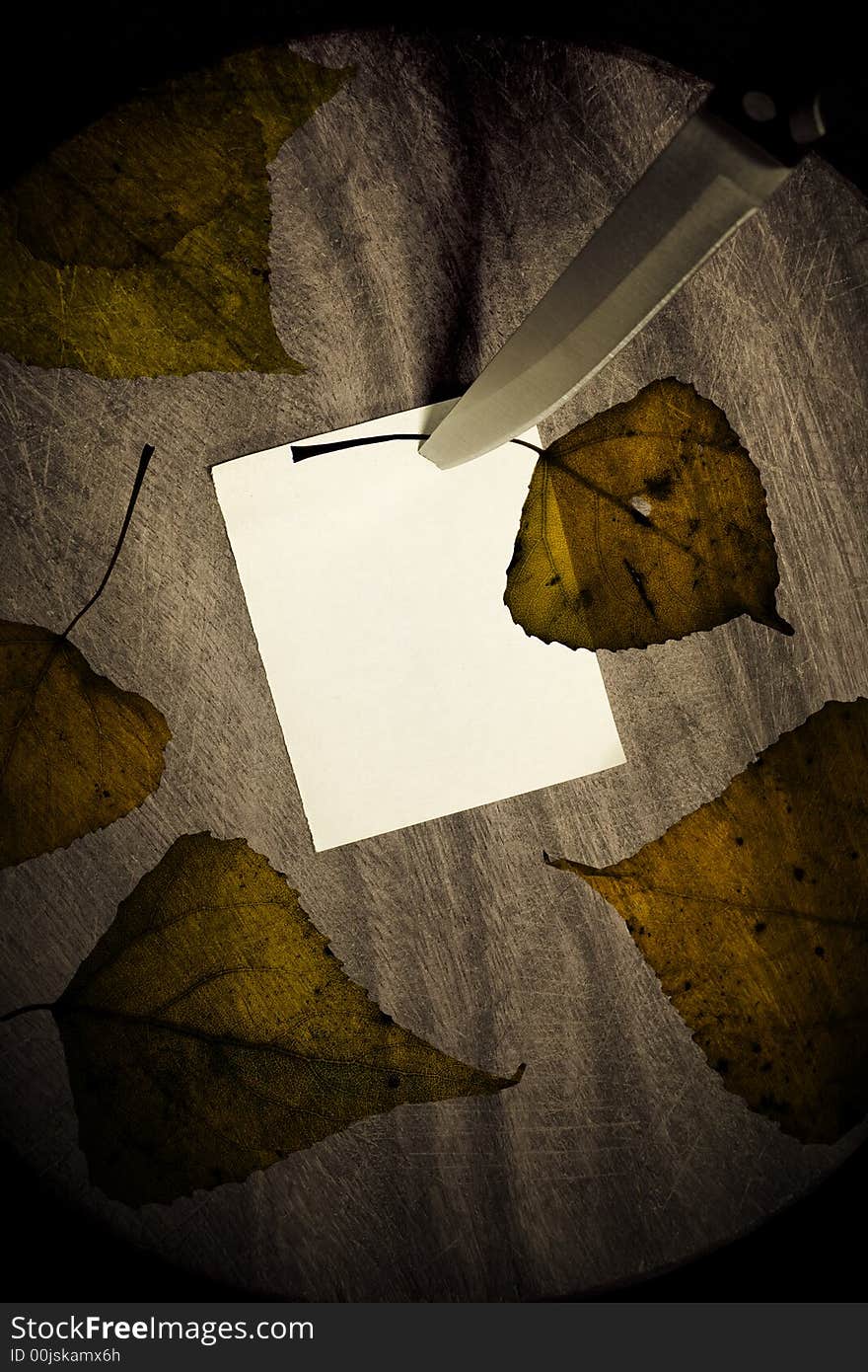 A piece of paper pinned by kitchen knife on  wooden background. Note surrounded by dark brown autumn leaves. A piece of paper pinned by kitchen knife on  wooden background. Note surrounded by dark brown autumn leaves