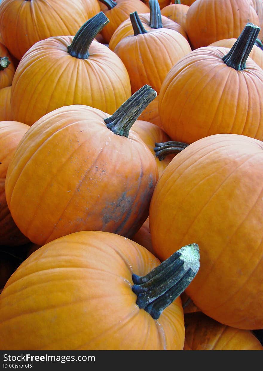 A large basket of pumpkins on display at the farmer's market. A large basket of pumpkins on display at the farmer's market