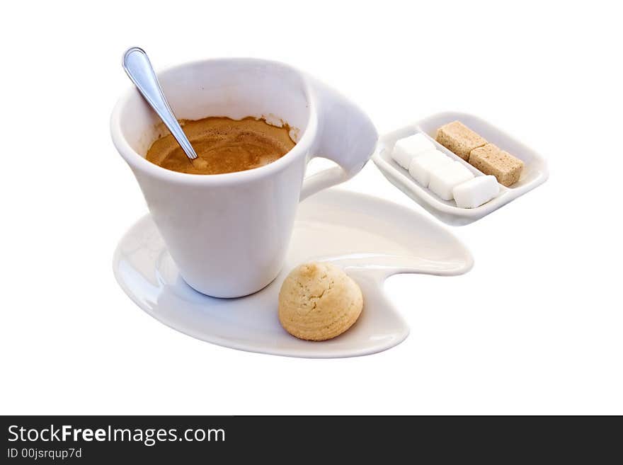 Hot espresso, cookie and yellow and white sugar. Hot espresso, cookie and yellow and white sugar.