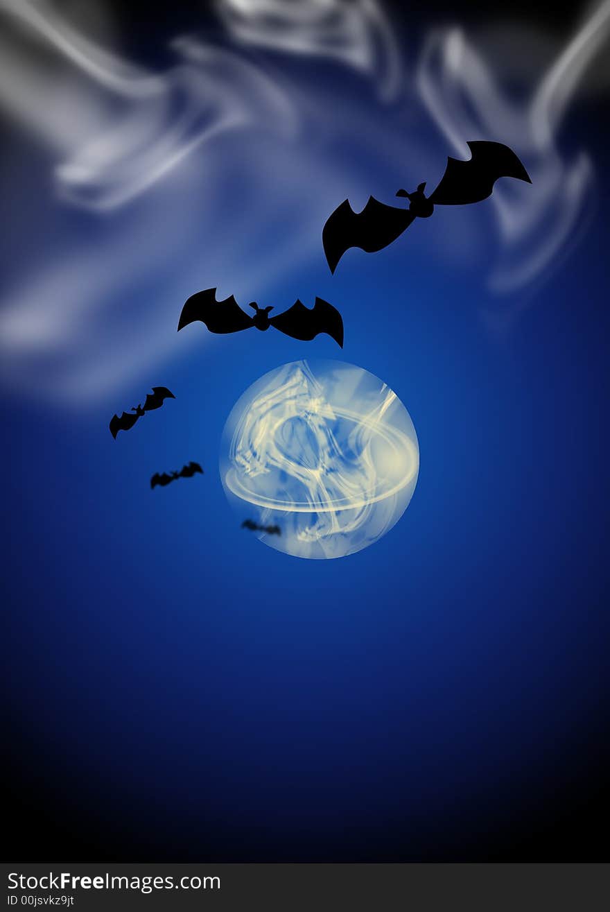 Midnight on Halloween night with moon and bats