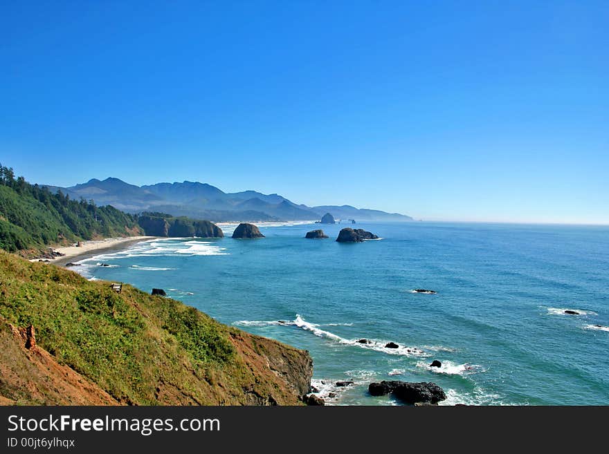 View of Cannon Beach Oregon as seen from Ecola Park looking South