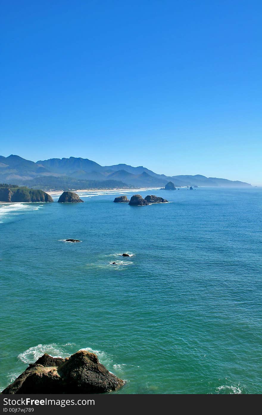 View of Cannon Beach Oregon as seen from Ecola Park looking South