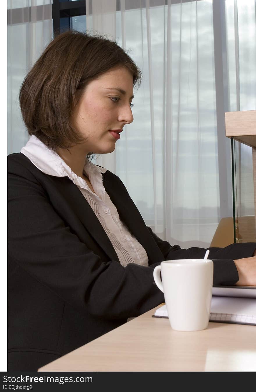 A young attractive businesswoman working on her laptop in a hotel suite. A young attractive businesswoman working on her laptop in a hotel suite