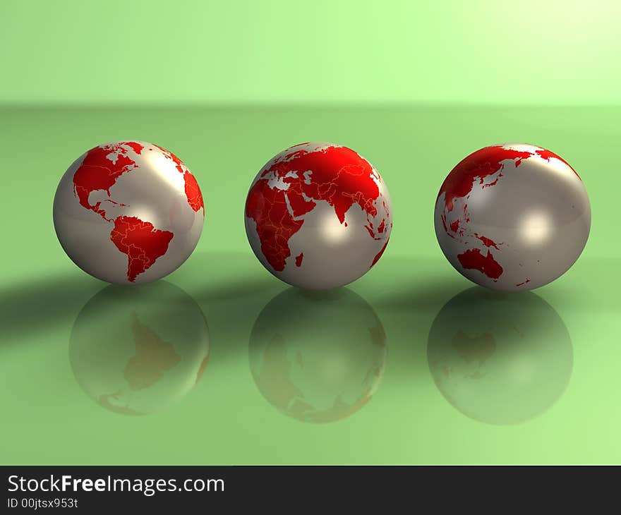 3d illustration concept of 3 metalic earth spheres. 3d illustration concept of 3 metalic earth spheres