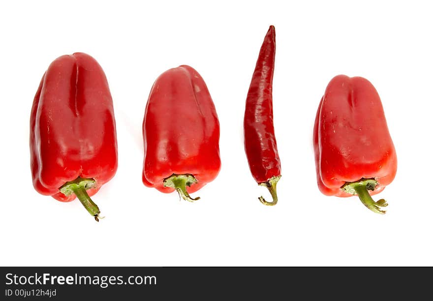 A line of red peppers. A line of red peppers