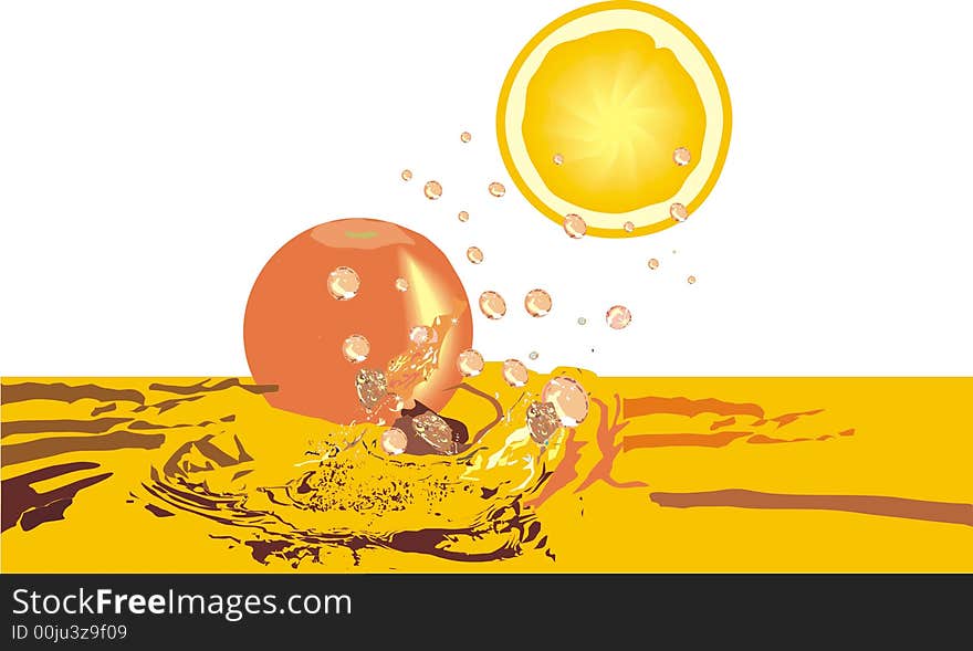 Illustration with ripe orange and its segment fall in water. Illustration with ripe orange and its segment fall in water