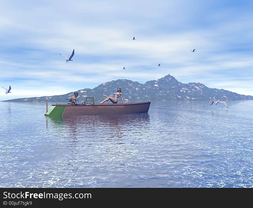 Computer generated scene of a couple sunning on their boat near a secluded island in the ocean with seagulls fishing near by