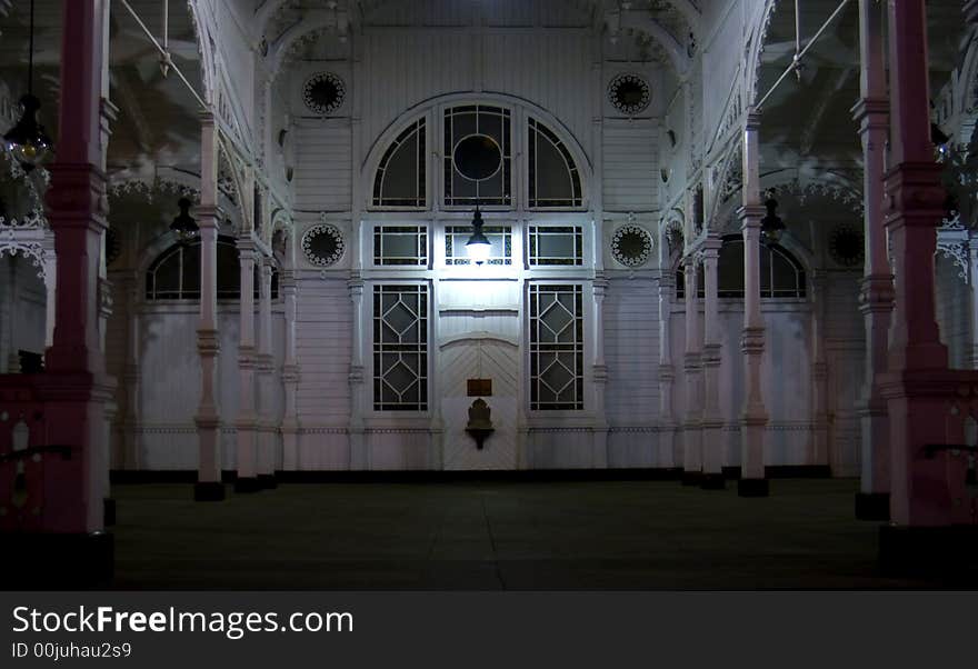 Large white gazebo at night