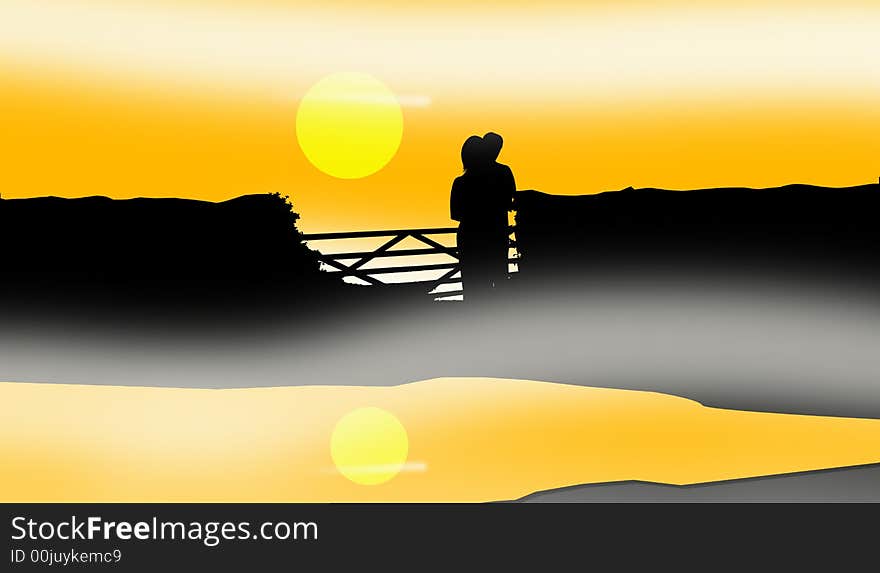 An image showing a couple of people at a farm gate looking at the sunset or sunrise with a reflection of the sun in a pond of water in the foreground with white mist around it and in the distance. An image showing a couple of people at a farm gate looking at the sunset or sunrise with a reflection of the sun in a pond of water in the foreground with white mist around it and in the distance