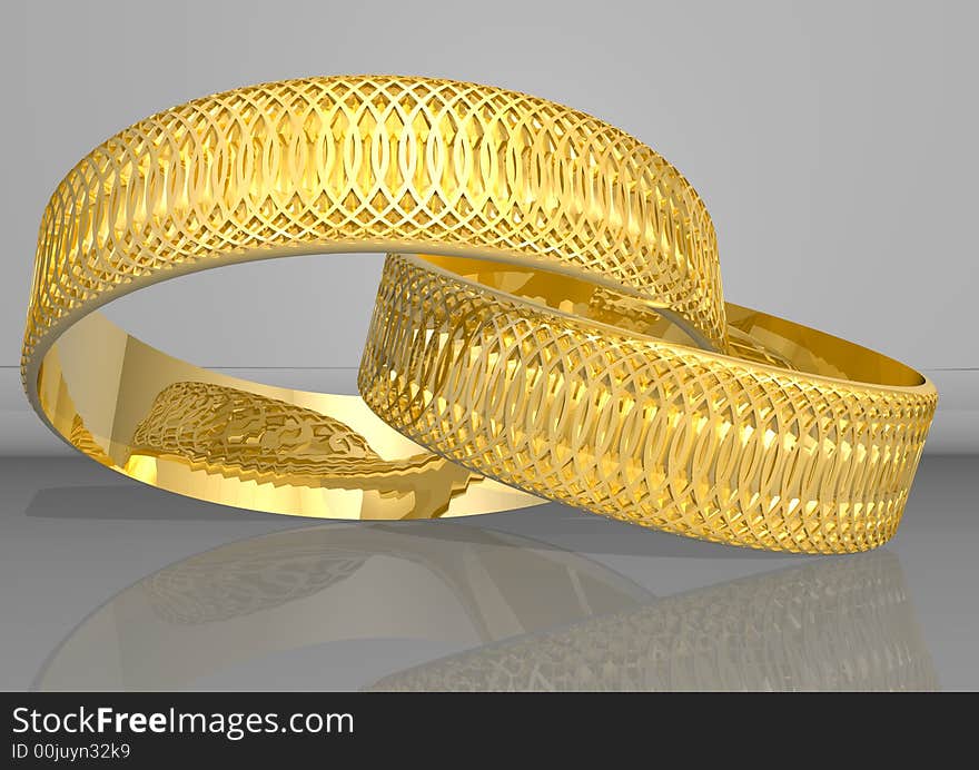 3d rendering two golden rings, in yellow colour