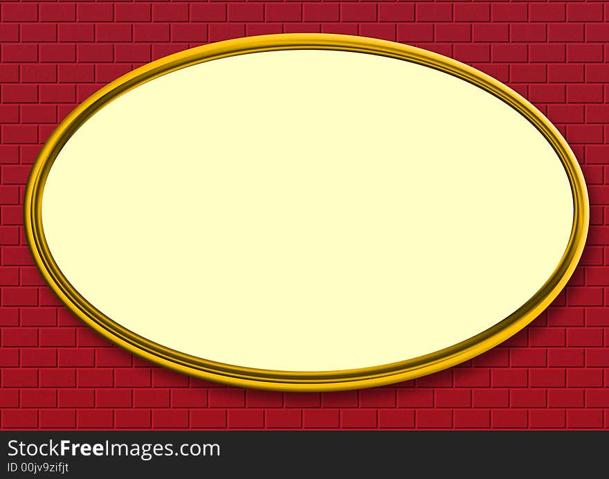 A big oval gold colored frame on a clinker wall. A big oval gold colored frame on a clinker wall.