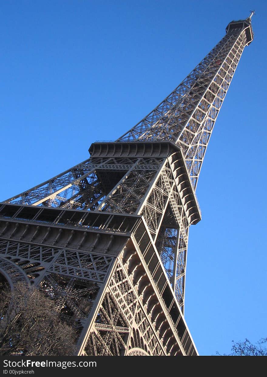 Eiffel Tower diagonal on blue sky