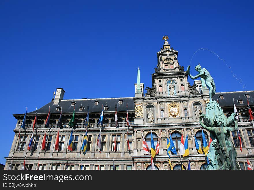 Town Hall and the Brabo Fountain in Antwerp, Belgium.