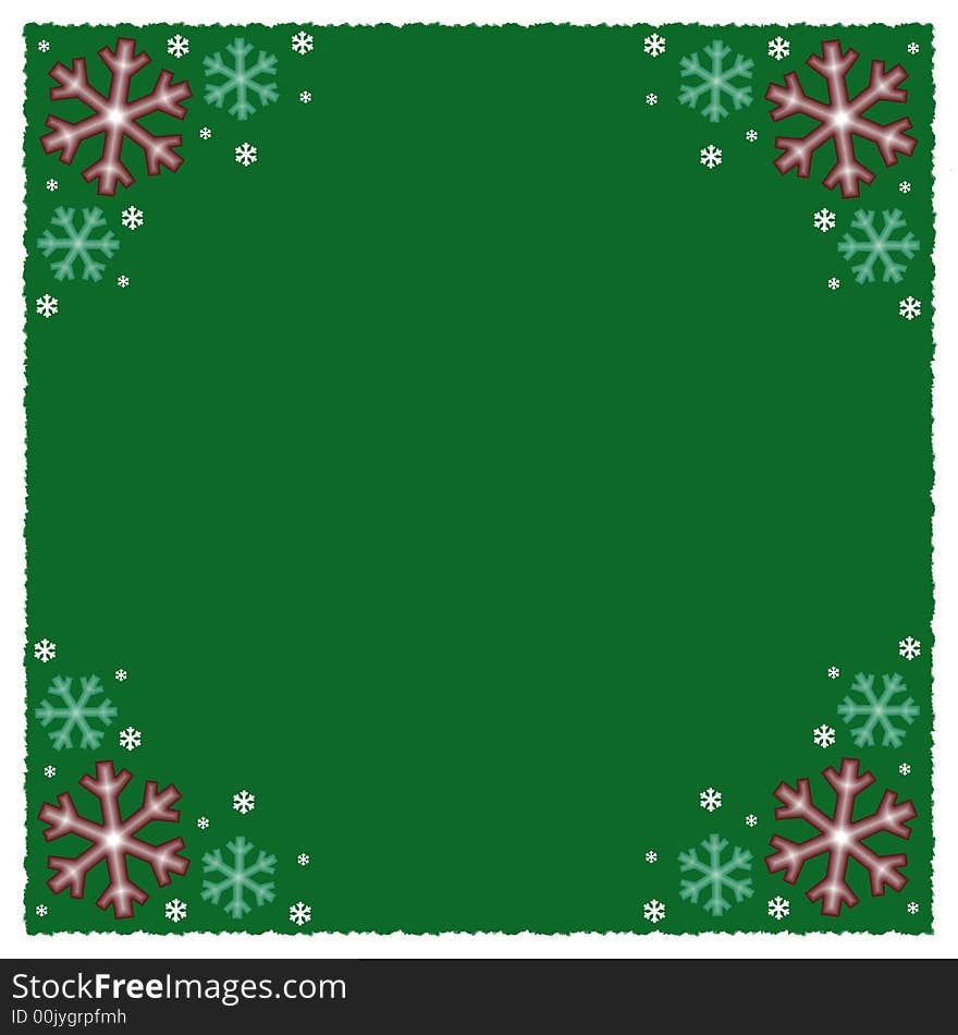 Graphic illustration of snowflakes border against green background with snow trim. Graphic illustration of snowflakes border against green background with snow trim.