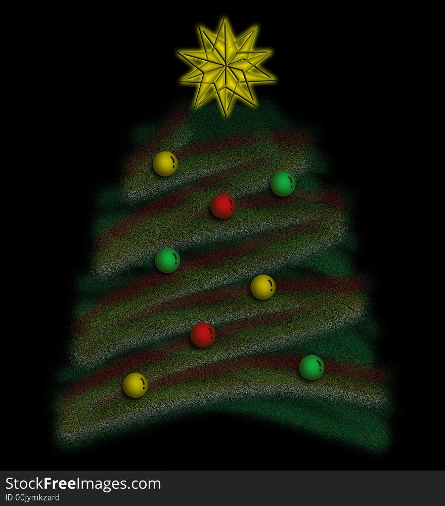 Abstract Christmas tree with ornaments and star against black background.