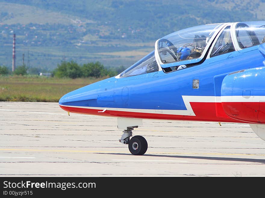 Detail of jet with cockpit.
Patruille de France team. Detail of jet with cockpit.
Patruille de France team