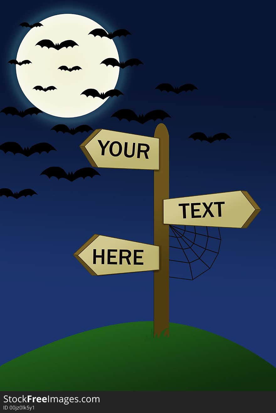 A blank signpost with spaces for text, on a top of a hill, in a dark night with moon and bats in the background. A blank signpost with spaces for text, on a top of a hill, in a dark night with moon and bats in the background