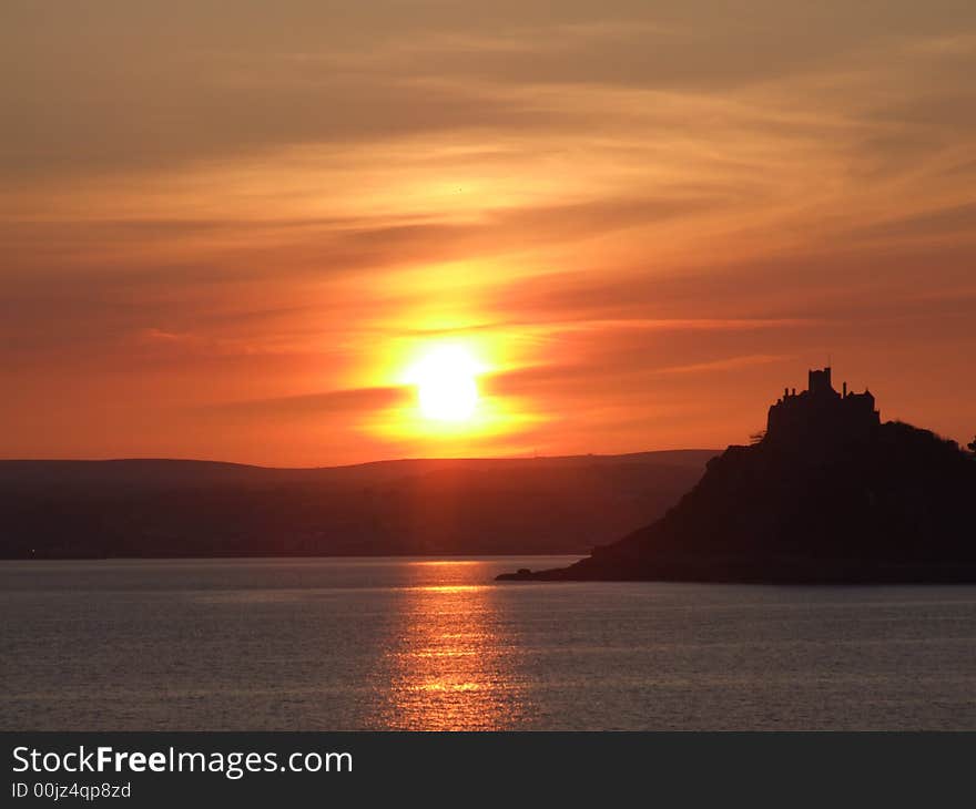 Sunset over sea in Cornwall