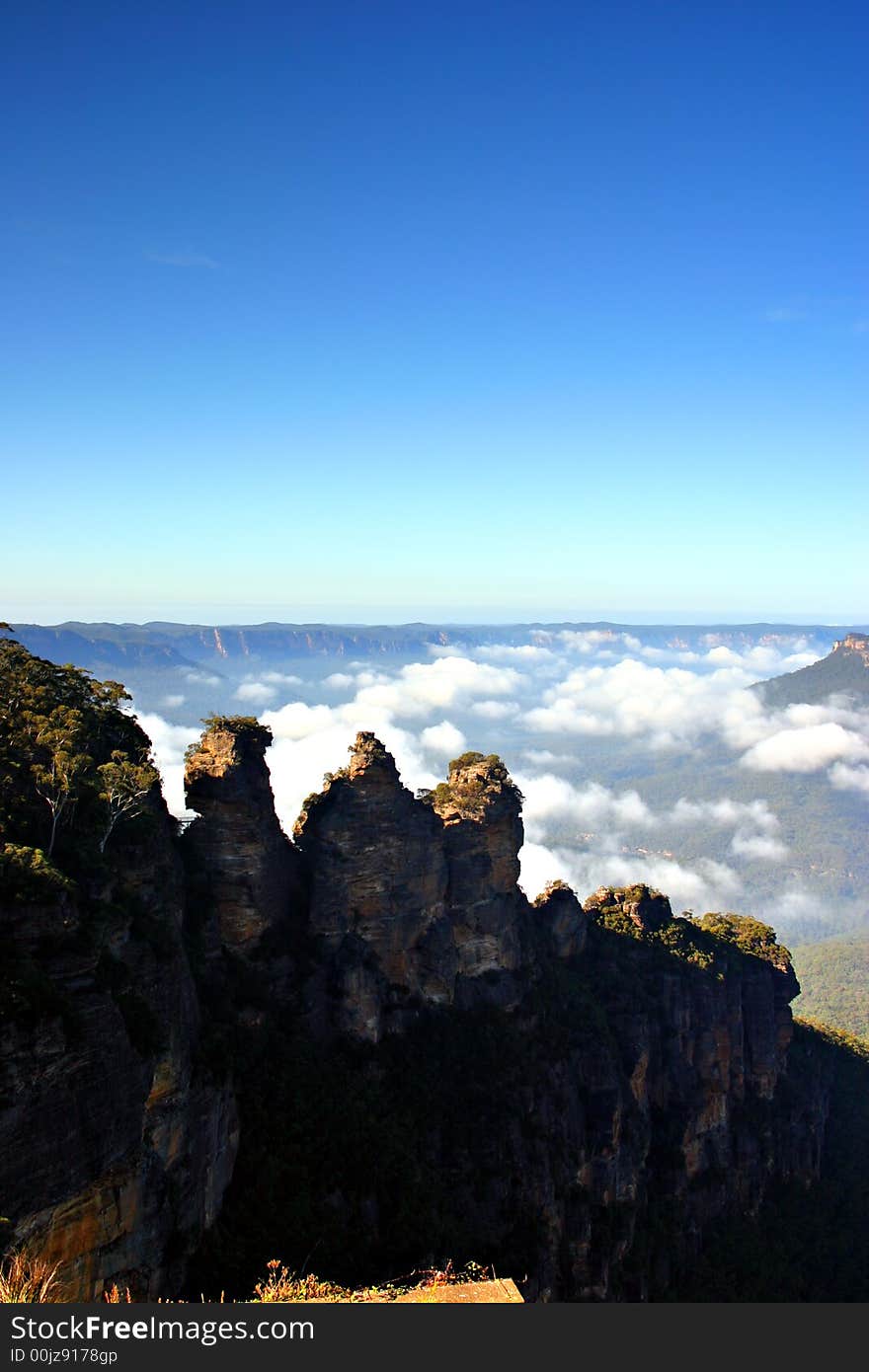 The Three Sisters are famous rock formation in the Blue Mountains of New South Wales, Australia. The Three Sisters are famous rock formation in the Blue Mountains of New South Wales, Australia