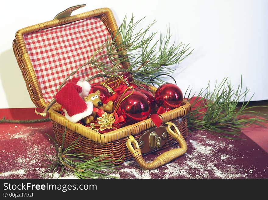 Christmas background with a box and decoration balls