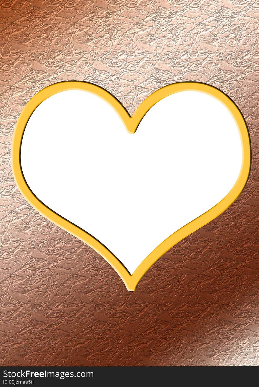 A golden heart with a white frame inside on a copper ground. A golden heart with a white frame inside on a copper ground.