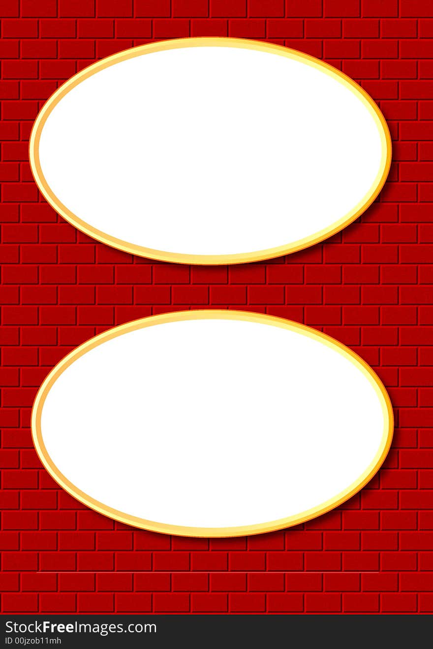 Two oval frames with golden border on a brick wall