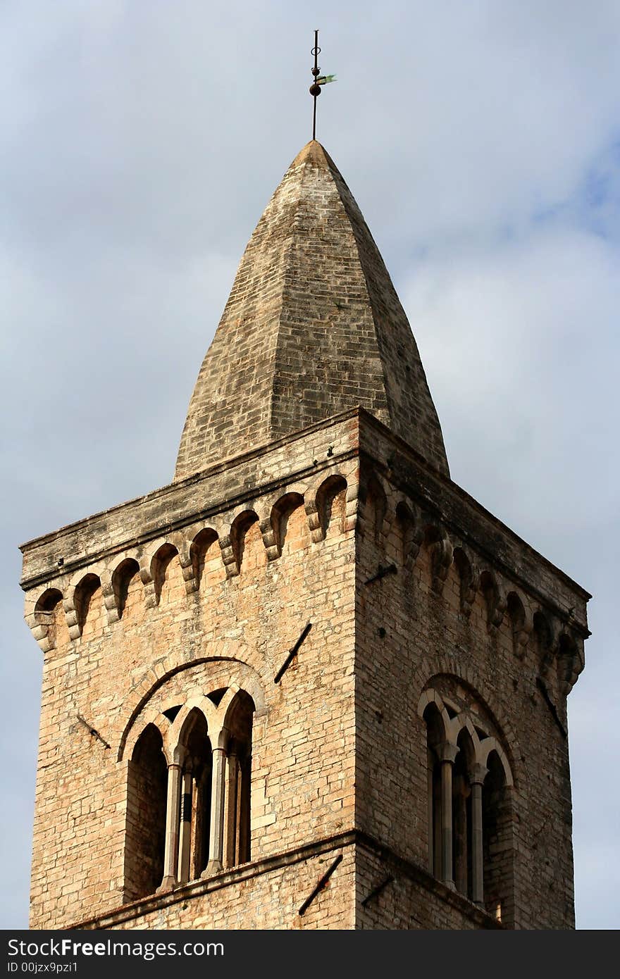 Detail of cathedral's bell tower captured in Visso / Marche / Italy