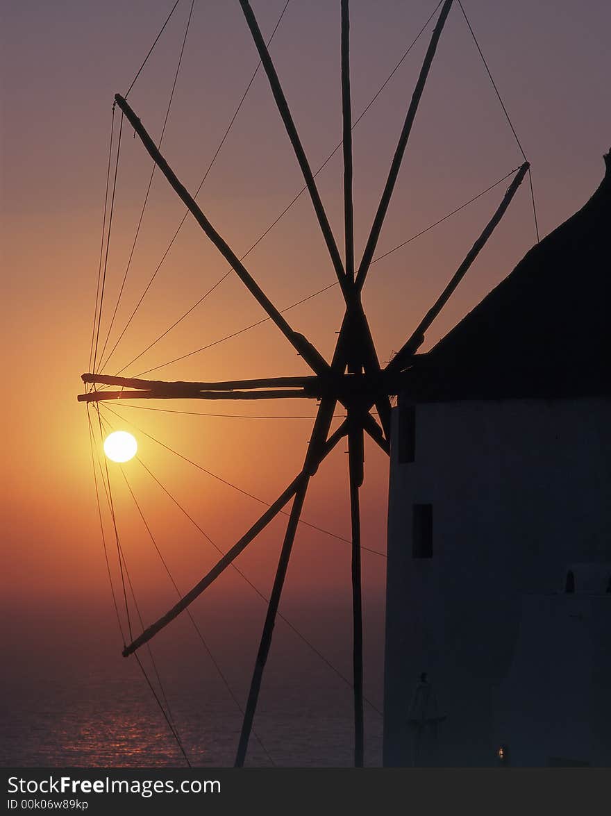 Windmill, Santorini sunset, Cyclades, Greece