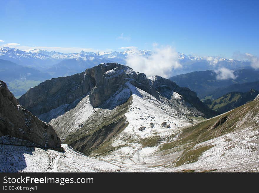 A view of the Swiss Alps from the top of Mount Pilauts. A view of the Swiss Alps from the top of Mount Pilauts.